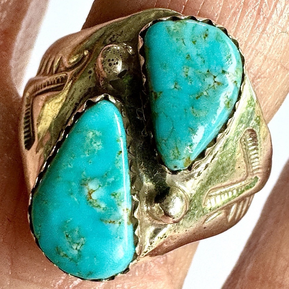 Mens Turquoise Navajo Band Sz 10.5 Two Stone Ring 21mm Signed ML Handmade Native
